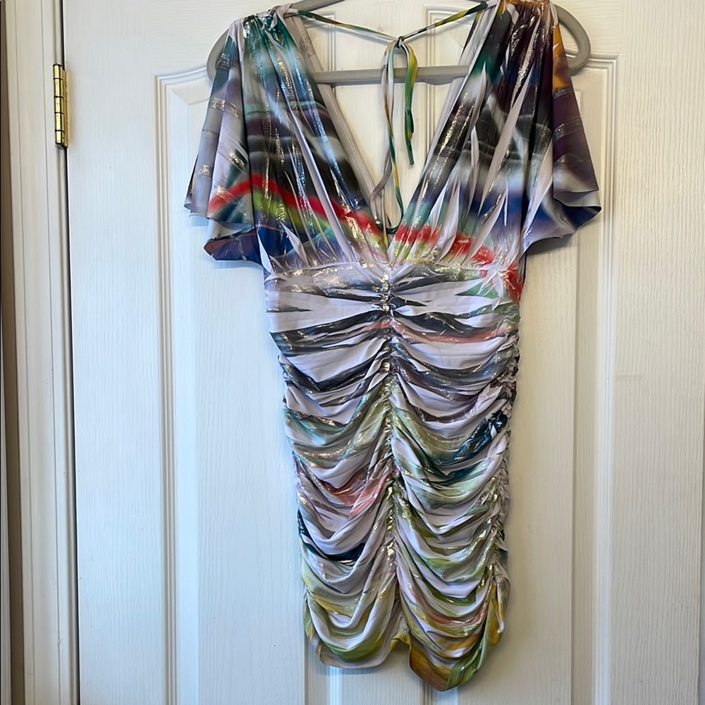 💚 Multicolor Ruched Mini Dress with V-Neck size large 💚